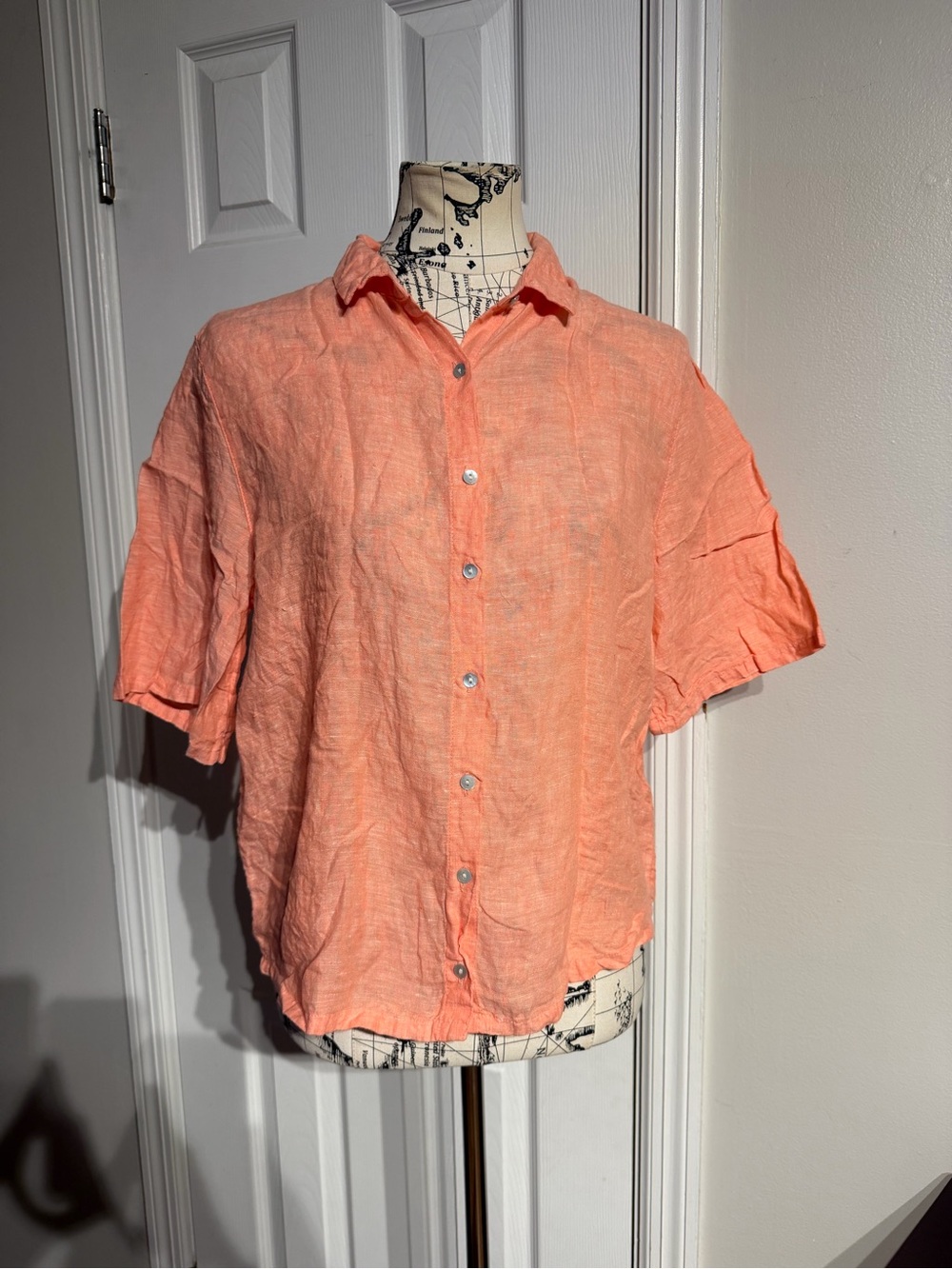 🎯Tahari linen orange sherbet button shirt short sleeve top vibrant cami tunic S